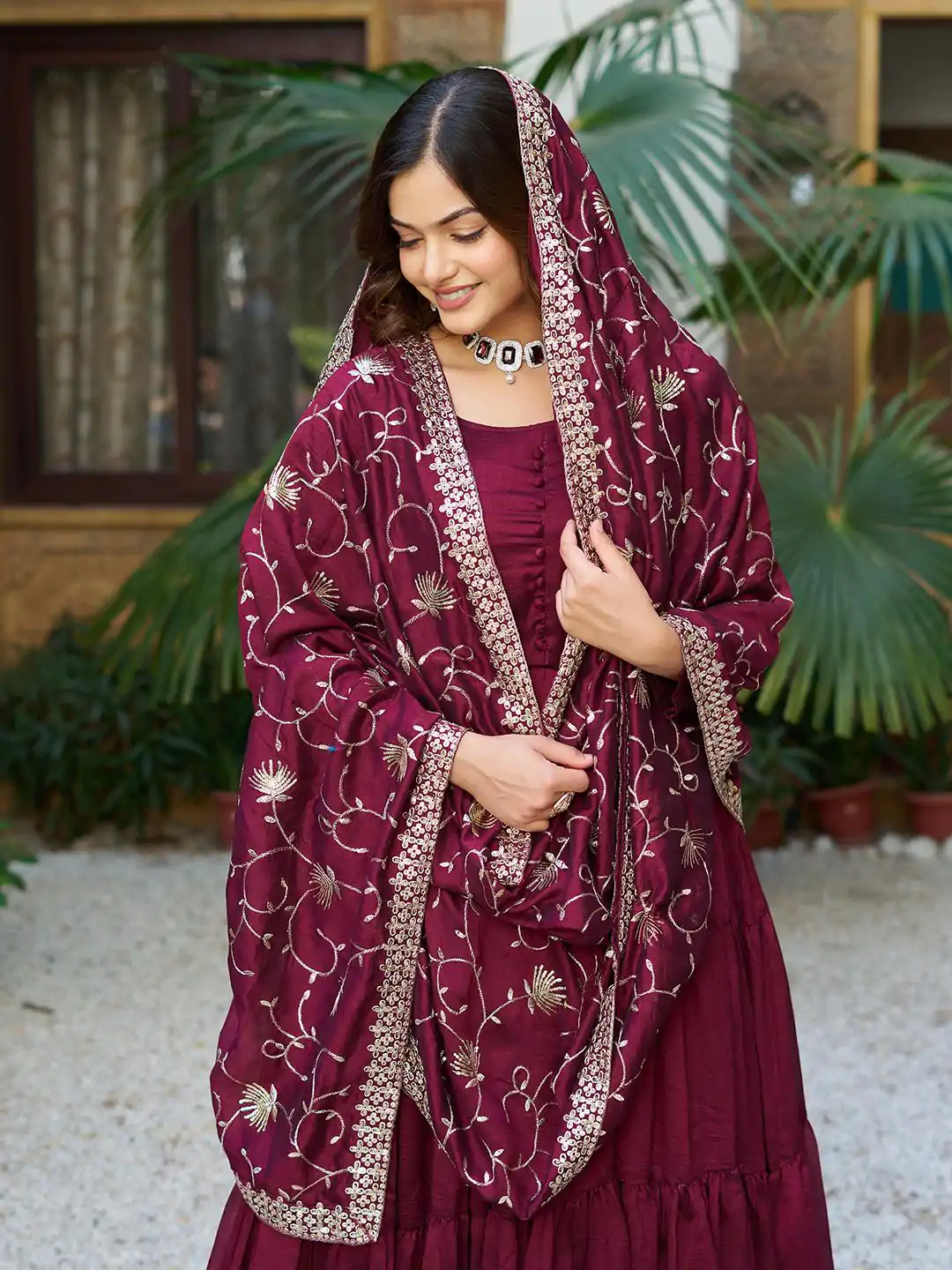 106 Maroon Color Vichitra Silk Gown Ram with Embroidery Work. Exclusive Offer ₹2049. Delivery 4-6 Working Days. Shop now. | Casual Suits, Jump Suits, Creative suits, Designer Suits, Palazzo Suits, Party Wear Suits, Patiala Suits, Salwar suit, Straight Suits