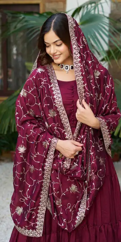 106 Maroon Color Vichitra Silk Gown Ram with Embroidery Work. Exclusive Offer ₹2049. Delivery 4-6 Working Days. Shop now. | Casual Suits, Jump Suits, Creative suits, Designer Suits, Palazzo Suits, Party Wear Suits, Patiala Suits, Salwar suit, Straight Suits