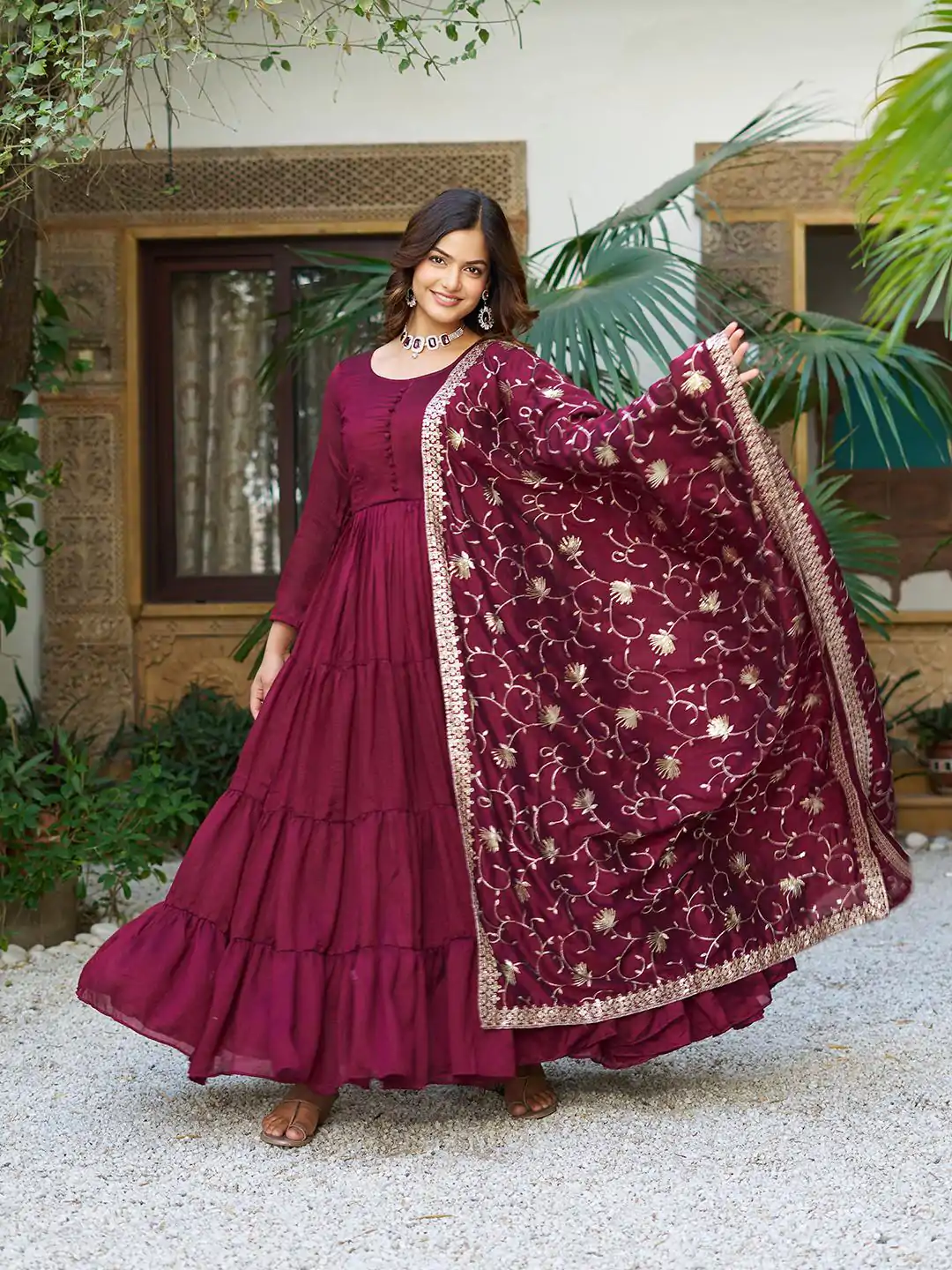 106 Maroon Color Vichitra Silk Gown Ram with Embroidery Work. Exclusive Offer ₹2049. Delivery 4-6 Working Days. Shop now. | Casual Suits, Jump Suits, Creative suits, Designer Suits, Palazzo Suits, Party Wear Suits, Patiala Suits, Salwar suit, Straight Suits