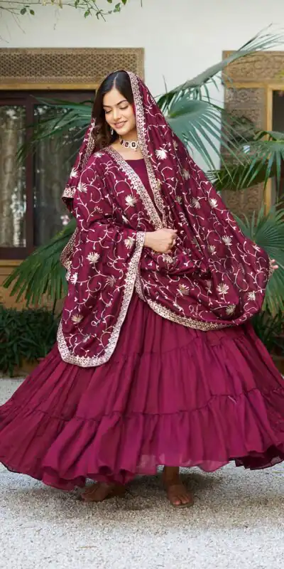 106 Maroon Color Vichitra Silk Gown Ram with Embroidery Work. Exclusive Offer ₹2049. Delivery 4-6 Working Days. Shop now. | Casual Suits, Jump Suits, Creative suits, Designer Suits, Palazzo Suits, Party Wear Suits, Patiala Suits, Salwar suit, Straight Suits