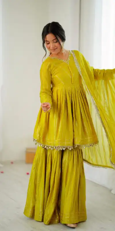 SRK 5300 Mustard Mal Chanderi With Lace Work & Mirror Work Salwar Suit . Get it for ₹2099. Delivery 4-6 Working Days. Shop now. | Casual Suits, Jump Suits, Tops & Bottoms, Track Suits, Trendy Wear, Creative suits, Designer Suits, Palazzo Suits, Party Wear Suits, Patiala Suits, Salwar suit, Straight Suits