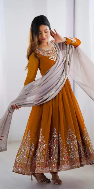 ZF 5008 White Mustered Gown with Embroidery Work. Wedding, Party, Festive, Events, Special Price ₹2049. Delivery 4-6 Working Days. Shop now. | Casual Suits, Jump Suits, Creative suits, Designer Suits, Palazzo Suits, Party Wear Suits, Patiala Suits, Salwar suit, Straight Suits