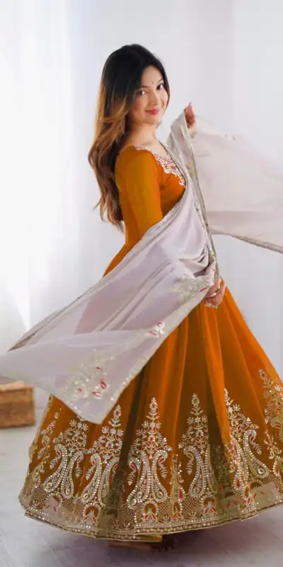 ZF 5008 White Mustered Gown with Embroidery Work. Wedding, Party, Festive, Events, Special Price ₹2049. Delivery 4-6 Working Days. Shop now. | Casual Suits, Jump Suits, Creative suits, Designer Suits, Palazzo Suits, Party Wear Suits, Patiala Suits, Salwar suit, Straight Suits