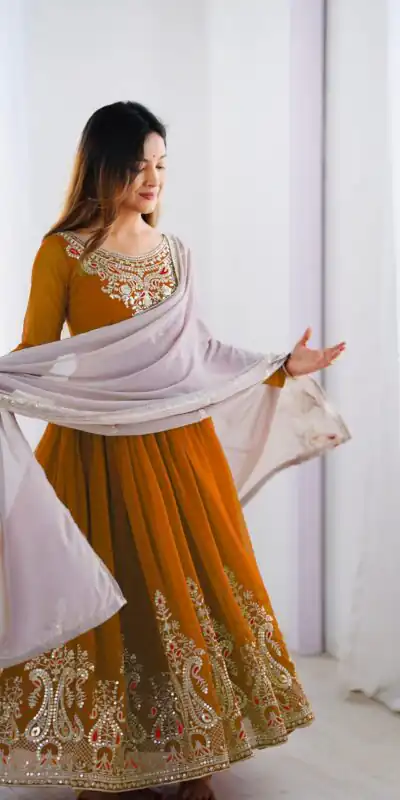 ZF 5008 White Mustered Gown with Embroidery Work. Wedding, Party, Festive, Events, Special Price ₹2049. Delivery 4-6 Working Days. Shop now. | Casual Suits, Jump Suits, Creative suits, Designer Suits, Palazzo Suits, Party Wear Suits, Patiala Suits, Salwar suit, Straight Suits