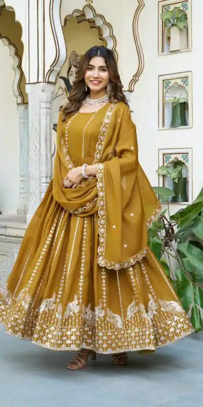 Ram 139 Mustered Star Georgette Gown Perfect for Wedding, Party, Family Gatherings, Haldi, Housewarming –. Grab it for ₹1949. Delivery 4-6 Working | Casual Suits, Jump Suits, Creative suits, Designer Suits, Palazzo Suits, Party Wear Suits, Patiala Suits, Salwar suit, Straight Suits