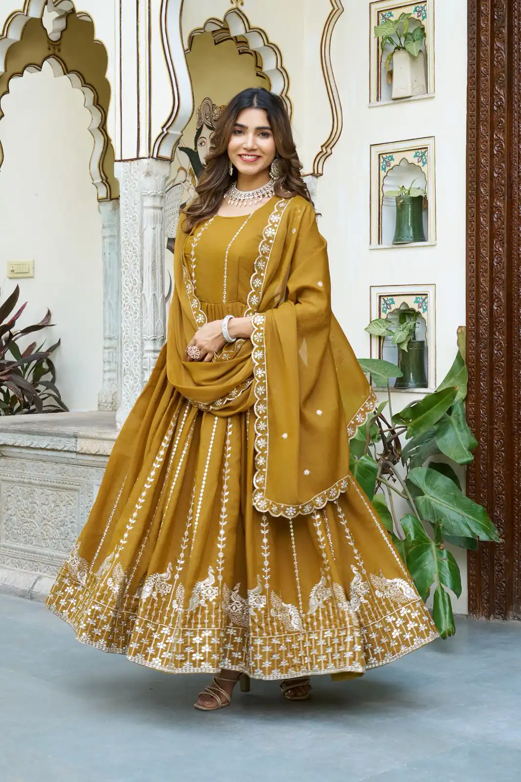 Ram 139 Mustered Star Georgette Gown Perfect for Wedding, Party, Family Gatherings, Haldi, Housewarming –. Grab it for ₹1949. Delivery 4-6 Working | Casual Suits, Jump Suits, Creative suits, Designer Suits, Palazzo Suits, Party Wear Suits, Patiala Suits, Salwar suit, Straight Suits