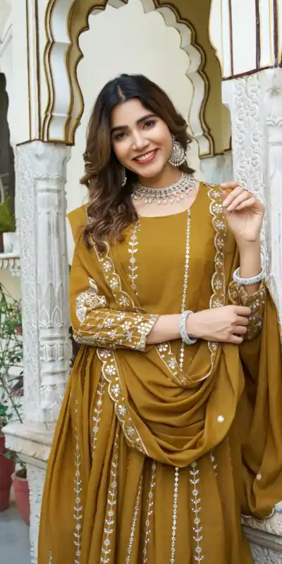 Ram 139 Mustered Star Georgette Gown Perfect for Wedding, Party, Family Gatherings, Haldi, Housewarming –. Grab it for ₹1949. Delivery 4-6 Working | Casual Suits, Jump Suits, Creative suits, Designer Suits, Palazzo Suits, Party Wear Suits, Patiala Suits, Salwar suit, Straight Suits