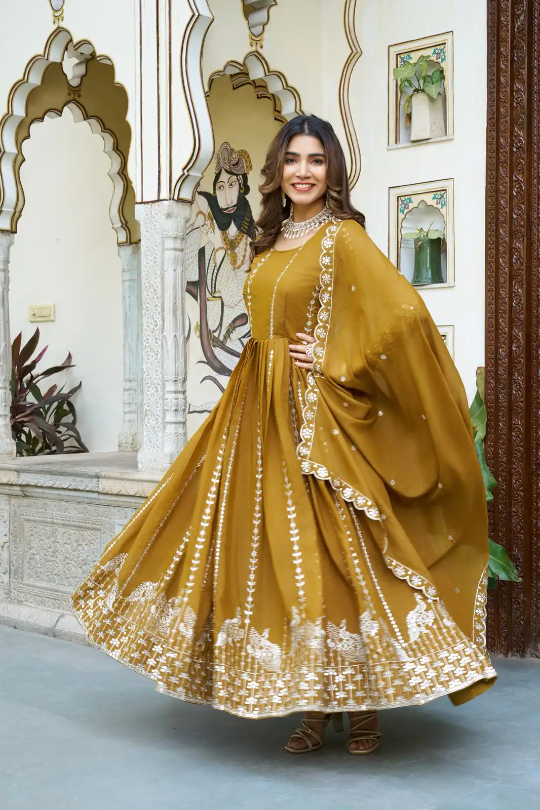 Ram 139 Mustered Star Georgette Gown Perfect for Wedding, Party, Family Gatherings, Haldi, Housewarming –. Grab it for ₹1949. Delivery 4-6 Working | Casual Suits, Jump Suits, Creative suits, Designer Suits, Palazzo Suits, Party Wear Suits, Patiala Suits, Salwar suit, Straight Suits