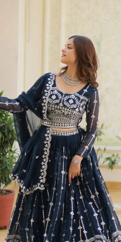 Ram 085 Navy Blue Color Fox Georgette Lehenga Choli with Embroidery Work. Grab it for ₹3049. Delivery 4-6 Working Days. Shop now. | Bollywood Lehenga, Creative Lehenga, Designer Lehenga, Embroidered Lehenga, Lehenga, Party Wear Lehenga