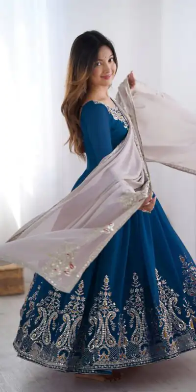 ZF 5008 Navy Blue Georgette Gown with Embroidery Work. Wedding, Party, Festive, Events, Special Price ₹2049. Delivery 4-6 Working Days. Shop now. | Casual Suits, Jump Suits, Creative suits, Designer Suits, Palazzo Suits, Party Wear Suits, Patiala Suits, Salwar suit, Straight Suits