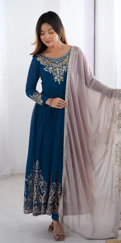 ZF 5008 Navy Blue Georgette Gown with Embroidery Work. Wedding, Party, Festive, Events, Special Price ₹2049. Delivery 4-6 Working Days. Shop now. | Casual Suits, Jump Suits, Creative suits, Designer Suits, Palazzo Suits, Party Wear Suits, Patiala Suits, Salwar suit, Straight Suits