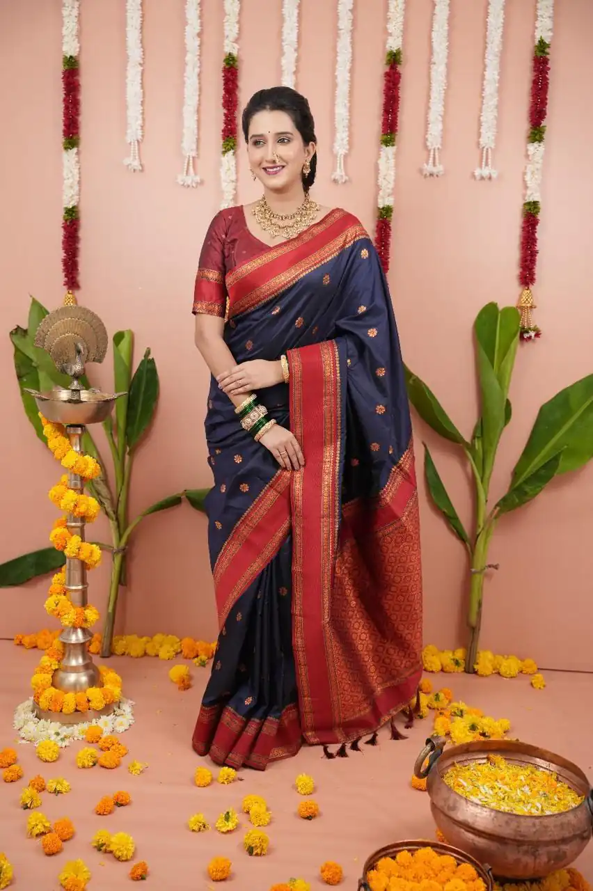 MS 536 Navy Blue Color Banarasi Silk Saree with Zari Work. Wedding, Party, Festive, Events, Available at ₹1699 only. Delivery 4-6 Working Days. Shop now. | Creative Sarees, Embroidered Sarees, Bollywood Sarees, Designer Sarees, Ethnic Saree, Modern Digital sarees, Party Wear Sarees, Sarees