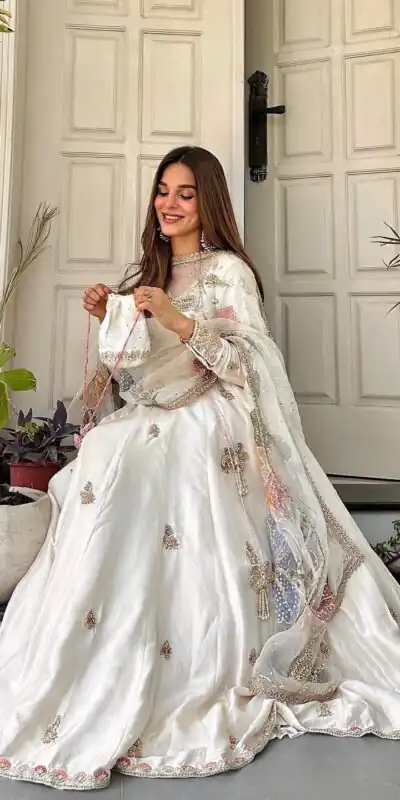 LG 2018 Off White Chinon Gown Perfect for Wedding, Party, Makar Sankranti, Anniversary, Ethnic Day – . Grab it for ₹2399. Delivery 4-6 Working Day | Bollywood Gowns, Creative Gowns, Designer Gowns, Embroidered Gowns, Gowns, Party Wear Gowns