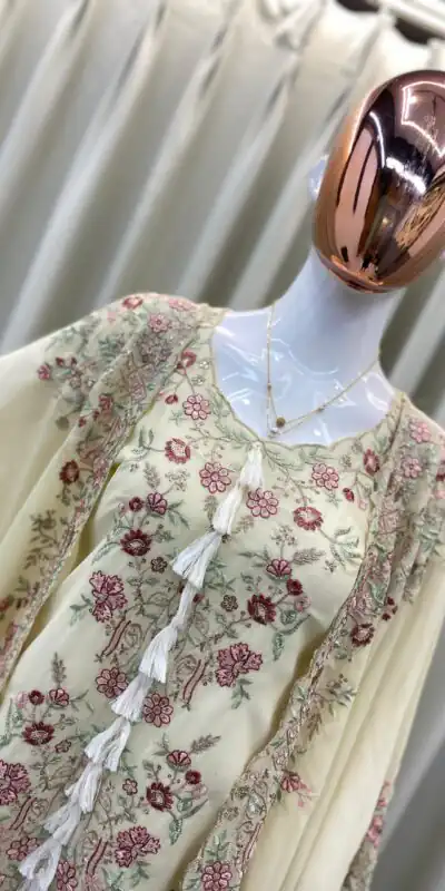 BE 406 Off White in Color Faux Georgette Embroidery Work Salwar Suit . Grab it for ₹2449. Delivery 4-6 Working Days. Shop now. | Casual Suits, Jump Suits, Tops & Bottoms, Track Suits, Trendy Wear, Creative suits, Designer Suits, Palazzo Suits, Party Wear Suits, Patiala Suits, Salwar suit, Straight Suits