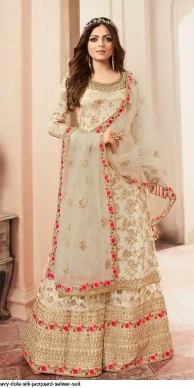 FC L.t 5401 Off White Color Jacquard Silk Georgette Diamond Sharara Suit Wedding, Party, Festive Expected Delivery 4-6 Working Days  @2999/- | Casual Suits, Jump Suits, Creative suits, Designer Suits, Palazzo Suits, Party Wear Suits, Patiala Suits, Salwar suit, Straight Suits