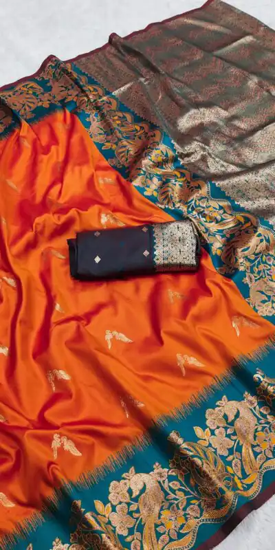 MB 3308 Orange Banarasi Silk Saree Perfect for Wedding, Party, Holi, Reception, Raksha Bandhan – . Special Price ₹1999. Delivery 4-6 Working Days. Shop n | Creative Sarees, Embroidered Sarees, Bollywood Sarees, Designer Sarees, Ethnic Saree, Modern Digital sarees, Party Wear Sarees, Sarees