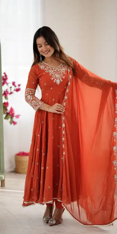 ZF 5012 Orange Blooming Faux Gown with Embroidery Work. Wedding, Party, Festive, Events Grab it for ₹2149. Delivery 4-6 Working Days. Shop now. | Bollywood Lehenga, Creative Lehenga, Designer Lehenga, Embroidered Lehenga, Lehenga, Party Wear Lehenga