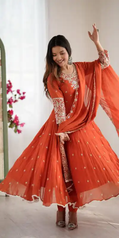ZF 5012 Orange Blooming Faux Gown with Embroidery Work. Wedding, Party, Festive, Events Grab it for ₹2149. Delivery 4-6 Working Days. Shop now. | Bollywood Lehenga, Creative Lehenga, Designer Lehenga, Embroidered Lehenga, Lehenga, Party Wear Lehenga