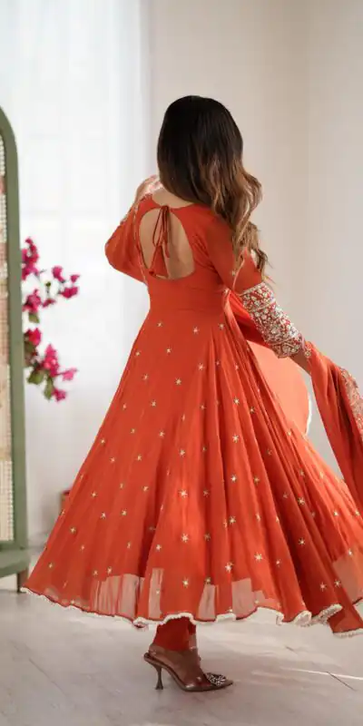 ZF 5012 Orange Blooming Faux Gown with Embroidery Work. Wedding, Party, Festive, Events Grab it for ₹2149. Delivery 4-6 Working Days. Shop now. | Bollywood Lehenga, Creative Lehenga, Designer Lehenga, Embroidered Lehenga, Lehenga, Party Wear Lehenga