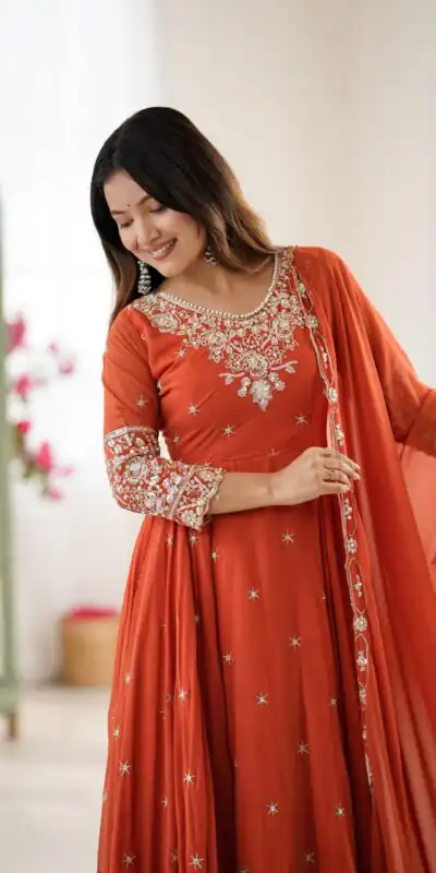 ZF 5012 Orange Blooming Faux Gown with Embroidery Work. Wedding, Party, Festive, Events Grab it for ₹2149. Delivery 4-6 Working Days. Shop now. | Bollywood Lehenga, Creative Lehenga, Designer Lehenga, Embroidered Lehenga, Lehenga, Party Wear Lehenga