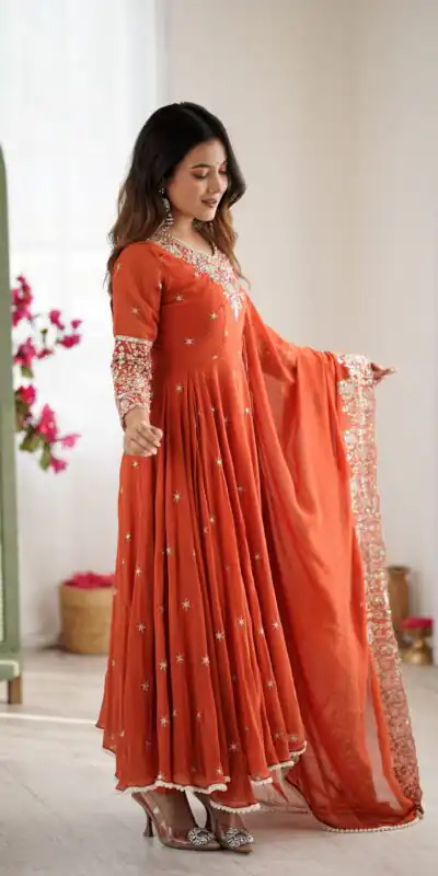 ZF 5012 Orange Blooming Faux Gown with Embroidery Work. Wedding, Party, Festive, Events Grab it for ₹2149. Delivery 4-6 Working Days. Shop now. | Bollywood Lehenga, Creative Lehenga, Designer Lehenga, Embroidered Lehenga, Lehenga, Party Wear Lehenga
