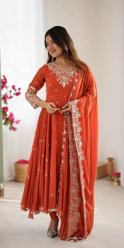 ZF 5012 Orange Blooming Faux Gown with Embroidery Work. Wedding, Party, Festive, Events Grab it for ₹2149. Delivery 4-6 Working Days. Shop now. | Bollywood Lehenga, Creative Lehenga, Designer Lehenga, Embroidered Lehenga, Lehenga, Party Wear Lehenga