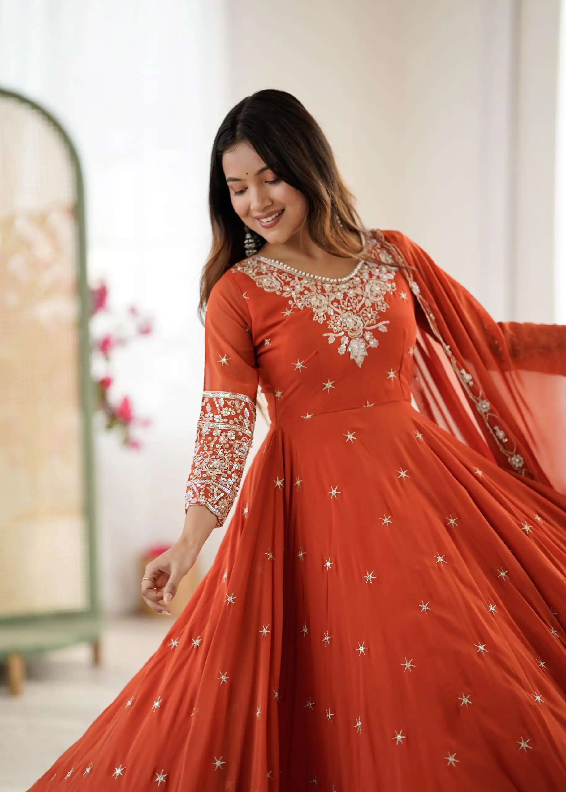 ZF 5012 Orange Blooming Faux Gown with Embroidery Work. Wedding, Party, Festive, Events Grab it for ₹2149. Delivery 4-6 Working Days. Shop now. | Bollywood Lehenga, Creative Lehenga, Designer Lehenga, Embroidered Lehenga, Lehenga, Party Wear Lehenga