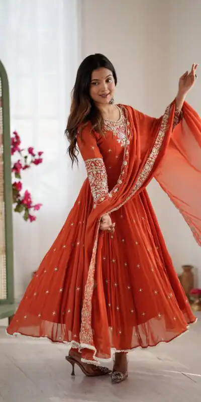 ZF 5012 Orange Blooming Faux Gown with Embroidery Work. Wedding, Party, Festive, Events Grab it for ₹2149. Delivery 4-6 Working Days. Shop now. | Bollywood Lehenga, Creative Lehenga, Designer Lehenga, Embroidered Lehenga, Lehenga, Party Wear Lehenga
