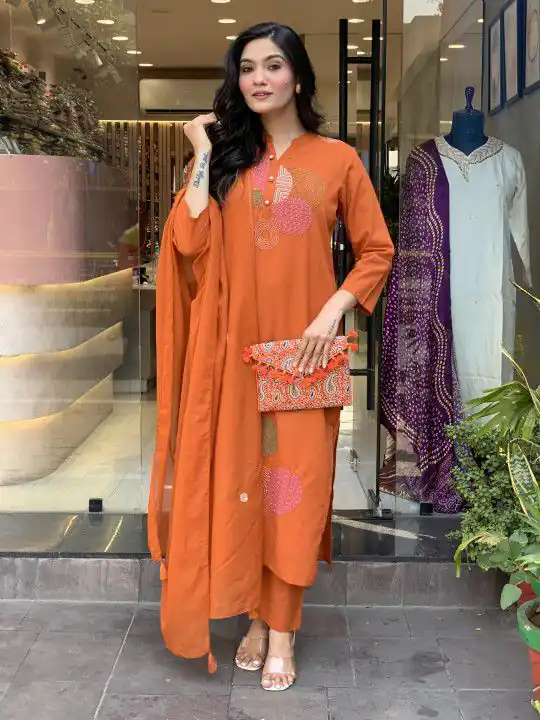 MF 800 Orange with Embroidery Work & Mirror Work Mustered Chanderi Salwar Suit . Exclusive Offer ₹1599. Delivery 4-6 Working Days. Shop now. | Casual Suits, Jump Suits, Creative suits, Designer Suits, Palazzo Suits, Party Wear Suits, Patiala Suits, Salwar suit, Straight Suits