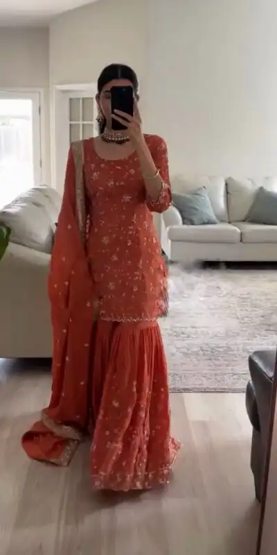 SRK 5303 Orange in Faux Georgette Lace Work & Embroidery Work Salwar Suit . Festive Deal ₹1999. Delivery 4-6 Working Days. Shop now. | Bollywood Gowns, Creative Gowns, Designer Gowns, Embroidered Gowns, Gowns, Party Wear Gowns