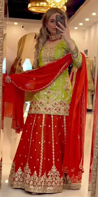 ND 5049 Parrot Green Chinon Silk with Lace Work & Embroidery Work Salwar Suit . Available at ₹2449 only. Delivery 4-6 Working Days. Shop now. | Casual Suits, Jump Suits, Creative suits, Designer Suits, Palazzo Suits, Party Wear Suits, Patiala Suits, Salwar suit, Straight Suits