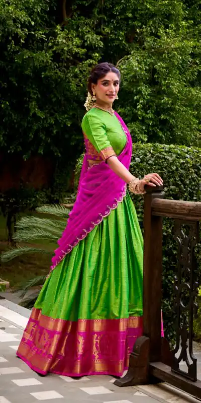 LNB 2028 Parrot Green Embroidery Work & Zari Work Lehenga Choli in Cream Poly Cotton. Available at ₹1999 only. Delivery 4-6 Working Days. Shop now. | Bollywood Lehenga, Creative Lehenga, Designer Lehenga, Embroidered Lehenga, Lehenga, Party Wear Lehenga