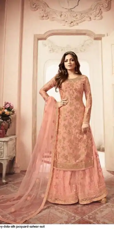 FC L.t 5401 Peach Color Jacquard Silk Georgette Diamond Sharara Suit Wedding, Party, Festive Expected Delivery 4-6 Working Days  @2999/- | Casual Suits, Jump Suits, Creative suits, Designer Suits, Palazzo Suits, Party Wear Suits, Patiala Suits, Salwar suit, Straight Suits