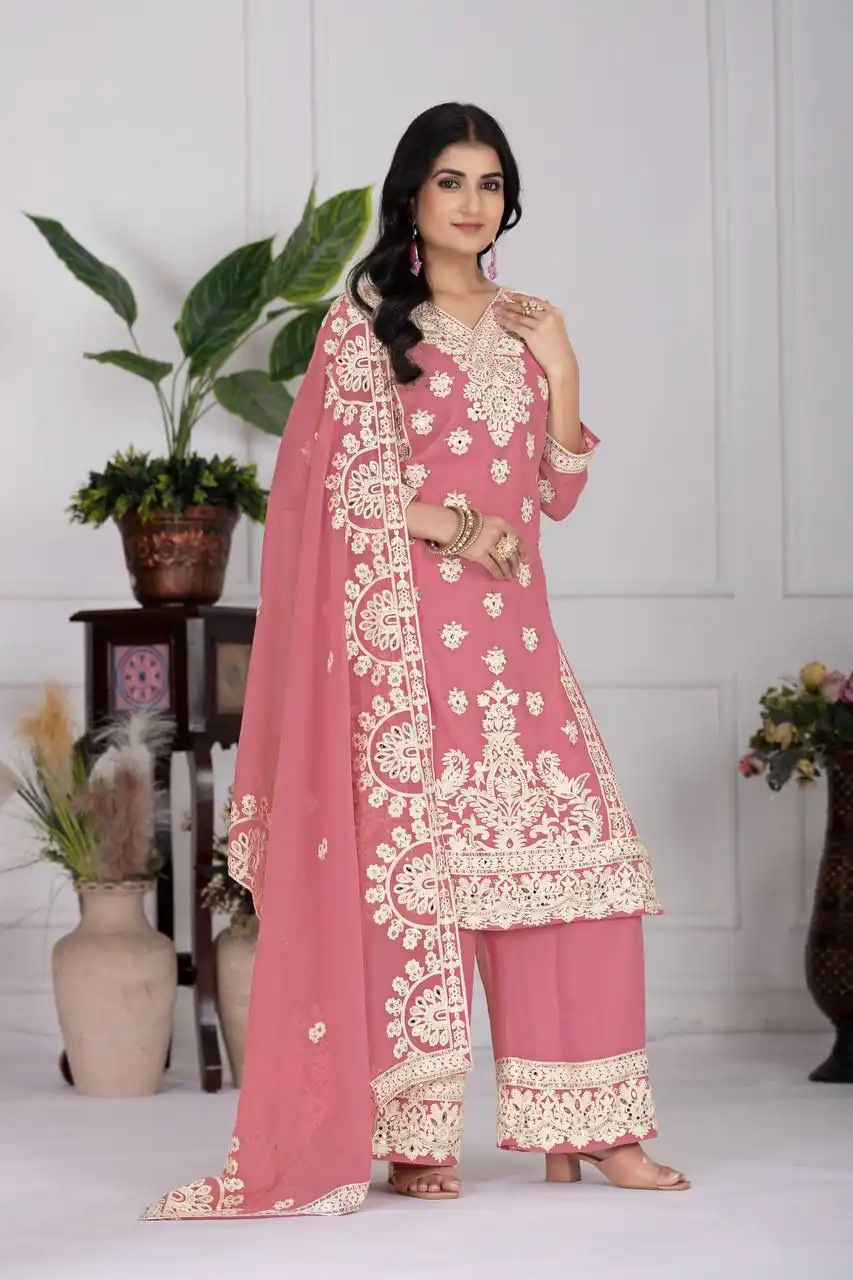 KF 1688 Pink Faux Georgette with Embroidery Work & Mirror Work Salwar Suit . Exclusive Offer ₹2099. Delivery 4-6 Working Days. Shop now. | Casual Suits, Jump Suits, Creative suits, Designer Suits, Palazzo Suits, Party Wear Suits, Patiala Suits, Salwar suit, Straight Suits