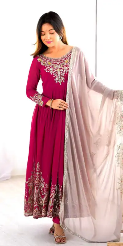 ZF 5008 Pink Georgette Gown with Embroidery Work. Wedding, Party, Festive, Events, Special Price ₹2049. Delivery 4-6 Working Days. Shop now. | Casual Suits, Jump Suits, Creative suits, Designer Suits, Palazzo Suits, Party Wear Suits, Patiala Suits, Salwar suit, Straight Suits
