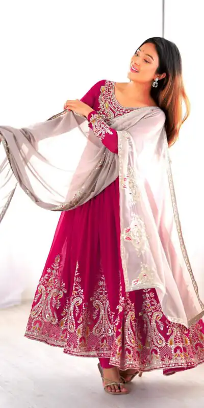 ZF 5008 Pink Georgette Gown with Embroidery Work. Wedding, Party, Festive, Events, Special Price ₹2049. Delivery 4-6 Working Days. Shop now. | Casual Suits, Jump Suits, Creative suits, Designer Suits, Palazzo Suits, Party Wear Suits, Patiala Suits, Salwar suit, Straight Suits