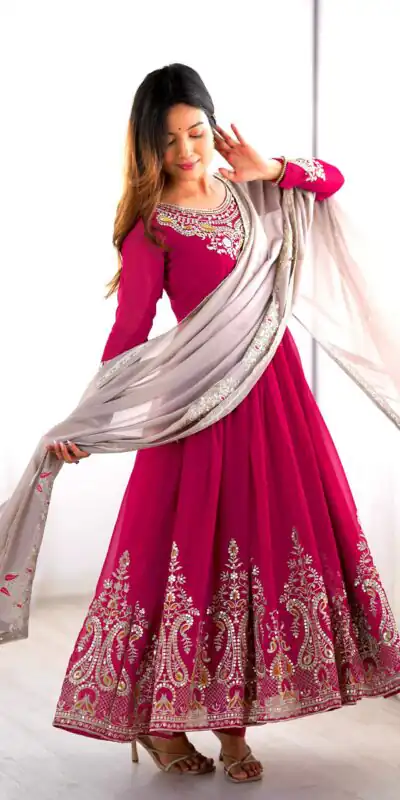 ZF 5008 Pink Georgette Gown with Embroidery Work. Wedding, Party, Festive, Events, Special Price ₹2049. Delivery 4-6 Working Days. Shop now. | Casual Suits, Jump Suits, Creative suits, Designer Suits, Palazzo Suits, Party Wear Suits, Patiala Suits, Salwar suit, Straight Suits