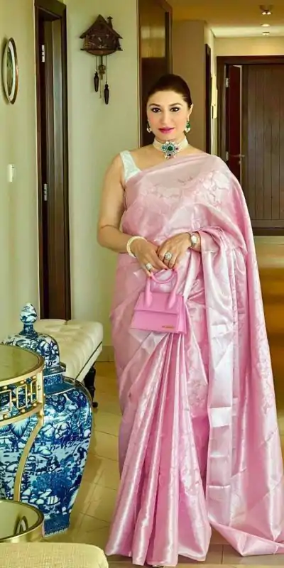 Pink Soft Lichi Silk Lace Work Border Saree