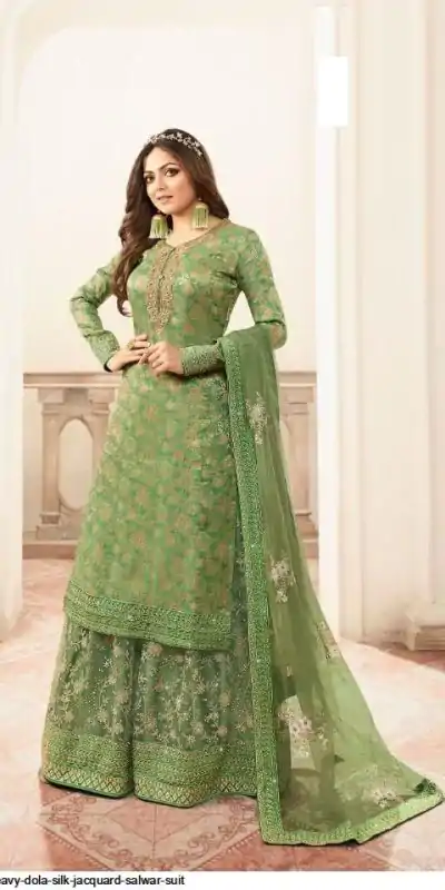 FC L.t 5401 Pista Color Jacquard Silk Georgette Diamond Sharara Suit Wedding, Party, Festive Expected Delivery 4-6 Working Days  @2999/- | Casual Suits, Jump Suits, Creative suits, Designer Suits, Palazzo Suits, Party Wear Suits, Patiala Suits, Salwar suit, Straight Suits