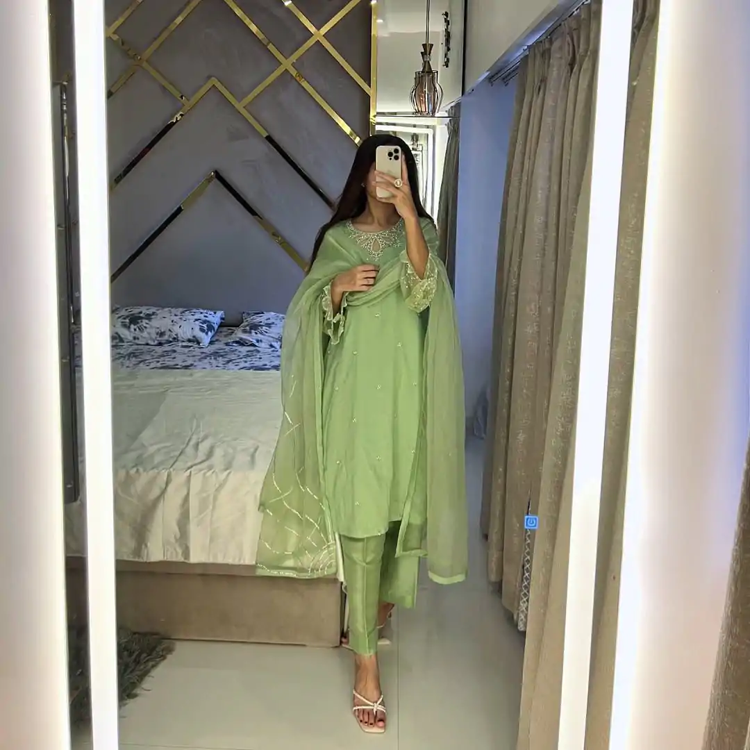 LG 1953 Pista Moss Satin Salwar Suit with Embroidery Work & Bead Work. Now at just ₹1999. Delivery 4-6 Working Days. Shop now. | Casual Suits, Jump Suits, Creative suits, Designer Suits, Palazzo Suits, Party Wear Suits, Patiala Suits, Salwar suit, Straight Suits