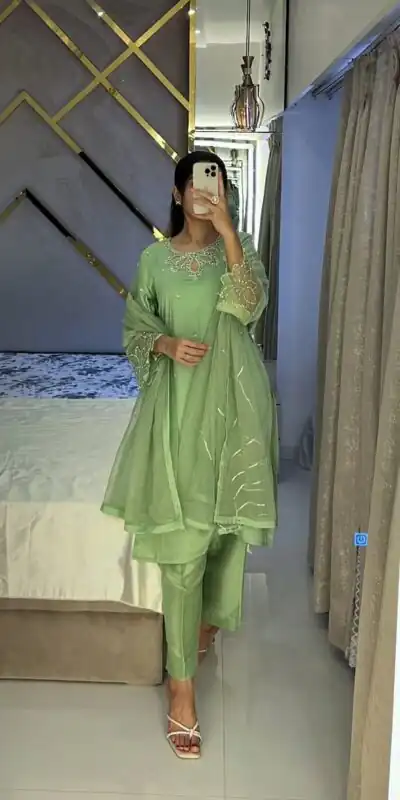 LG 1953 Pista Moss Satin Salwar Suit with Embroidery Work & Bead Work. Now at just ₹1999. Delivery 4-6 Working Days. Shop now. | Casual Suits, Jump Suits, Creative suits, Designer Suits, Palazzo Suits, Party Wear Suits, Patiala Suits, Salwar suit, Straight Suits