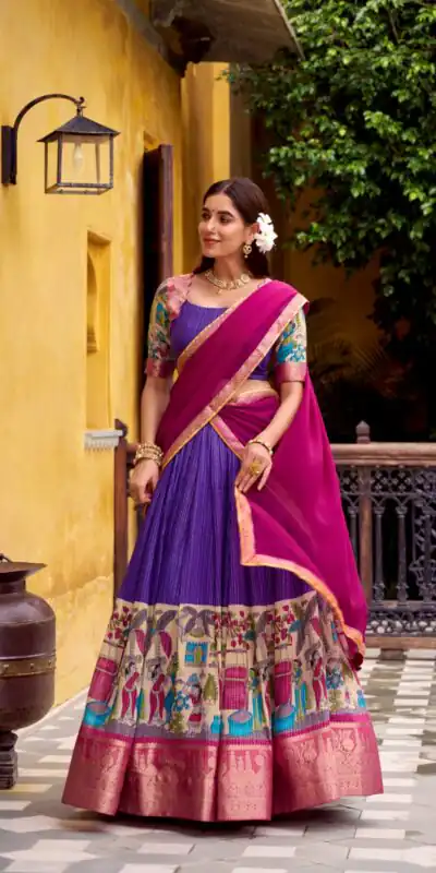 LNB 1242 Purple Color Poly Chanderi Kalamkari Printed Zari Weaving Work Lehenga Choli Wedding, Party, Festive, Events Etc. Delivery 4-6 Working Days Rs 1899 | Bollywood Lehenga, Creative Lehenga, Designer Lehenga, Embroidered Lehenga, Lehenga, Party Wear Lehenga