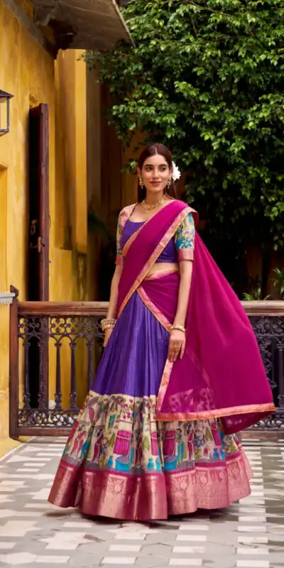 LNB 1242 Purple Color Poly Chanderi Kalamkari Printed Zari Weaving Work Lehenga Choli Wedding, Party, Festive, Events Etc. Delivery 4-6 Working Days Rs 1899 | Bollywood Lehenga, Creative Lehenga, Designer Lehenga, Embroidered Lehenga, Lehenga, Party Wear Lehenga