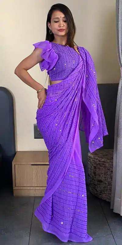 Purple Fox Georgette Embroidery Work Saree