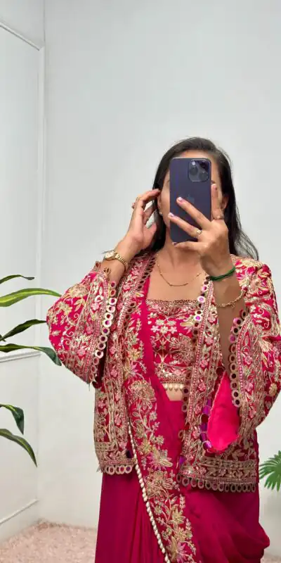 ST 1074 Red Color Chinon Saree with Embroidery Work & Lace Work. Wedding, Party, Festive, Events, Best Price ₹2399. Delivery 4-6 Working Days. Shop now. | Creative Sarees, Embroidered Sarees, Bollywood Sarees, Designer Sarees, Ethnic Saree, Modern Digital sarees, Party Wear Sarees, Sarees