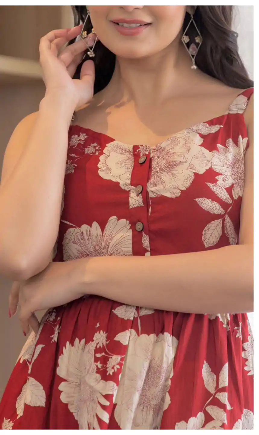 INLI Coral Red Color Cotton With Printed Designer Work Gown . Wedding, Party, Festive, Events, Grab it for ₹1449. Delivery 4-6 Working Days. Shop now. | Bollywood Gowns, Creative Gowns, Designer Gowns, Embroidered Gowns, Gowns, Party Wear Gowns