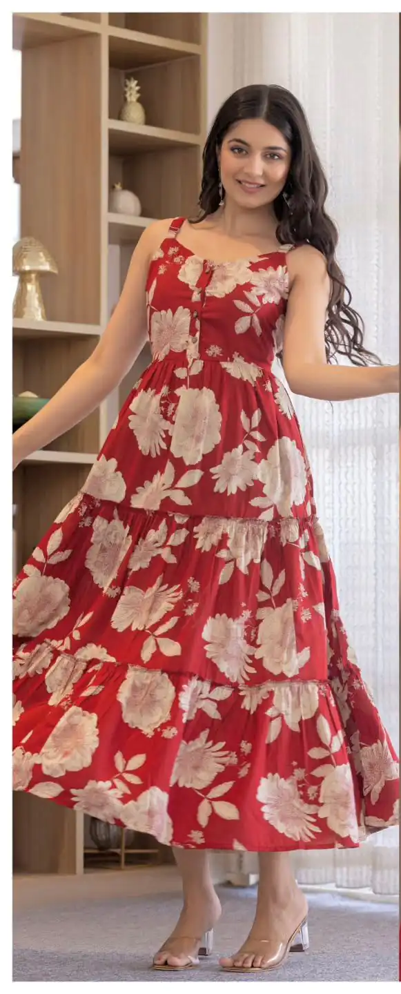 INLI Coral Red Color Cotton With Printed Designer Work Gown . Wedding, Party, Festive, Events, Grab it for ₹1449. Delivery 4-6 Working Days. Shop now. | Bollywood Gowns, Creative Gowns, Designer Gowns, Embroidered Gowns, Gowns, Party Wear Gowns