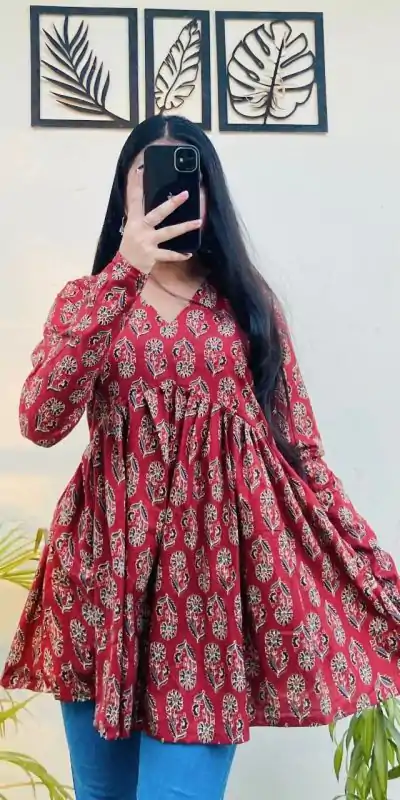 INLI Plume Red Color Cotton with Designer Printed Work Kurti . Wedding, Party, Festive, Events, Best Price ₹1299. Delivery 4-6 Working Days. Shop now. | Bollywood Kurti, Creative Kurtis, Designer Kurti, Kurti, Party Wear Kurti, Selfie Kurti