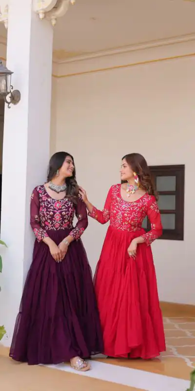 Ram 082 Red Fox Georgette Gown Perfect for Wedding, Party, Sangeet, Durga Puja, Reception – . Grab it for ₹1849. Delivery 4-6 Working Days. Shop now. | Casual Suits, Jump Suits, Creative suits, Designer Suits, Palazzo Suits, Party Wear Suits, Patiala Suits, Salwar suit, Straight Suits