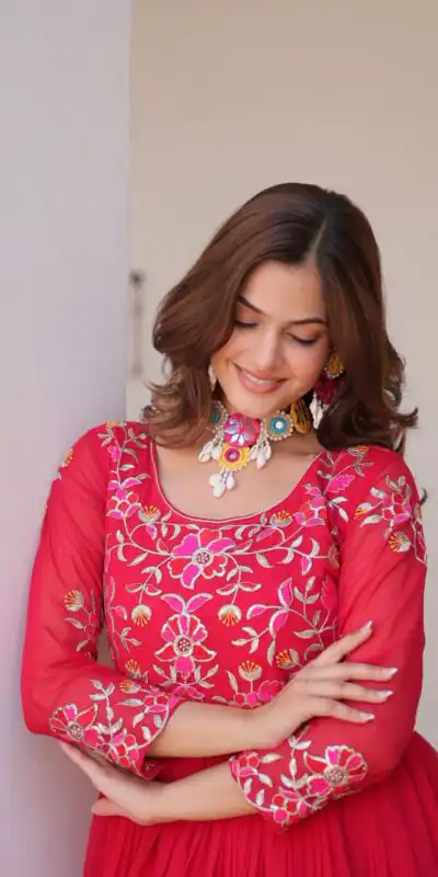 Ram 082 Red Fox Georgette Gown Perfect for Wedding, Party, Sangeet, Durga Puja, Reception – . Grab it for ₹1849. Delivery 4-6 Working Days. Shop now. | Casual Suits, Jump Suits, Creative suits, Designer Suits, Palazzo Suits, Party Wear Suits, Patiala Suits, Salwar suit, Straight Suits